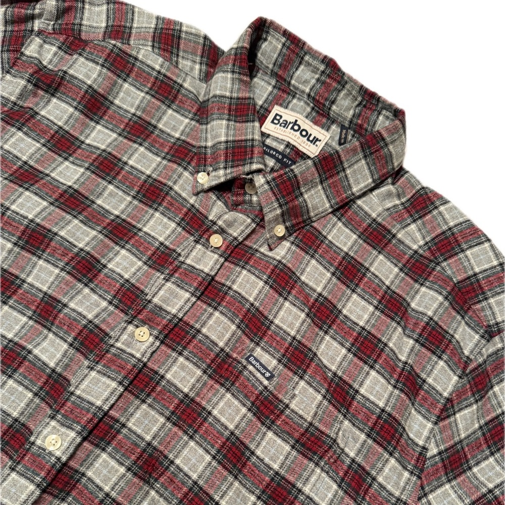 Barbour Men's Plaid Flannel Shirt in Red and Gray